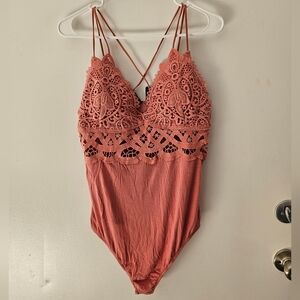 NWT BSXIJIE Lace Crochet Bodysuit in Coral